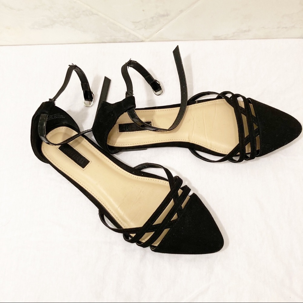 Black Strappy Pointed Faux Suede Flats